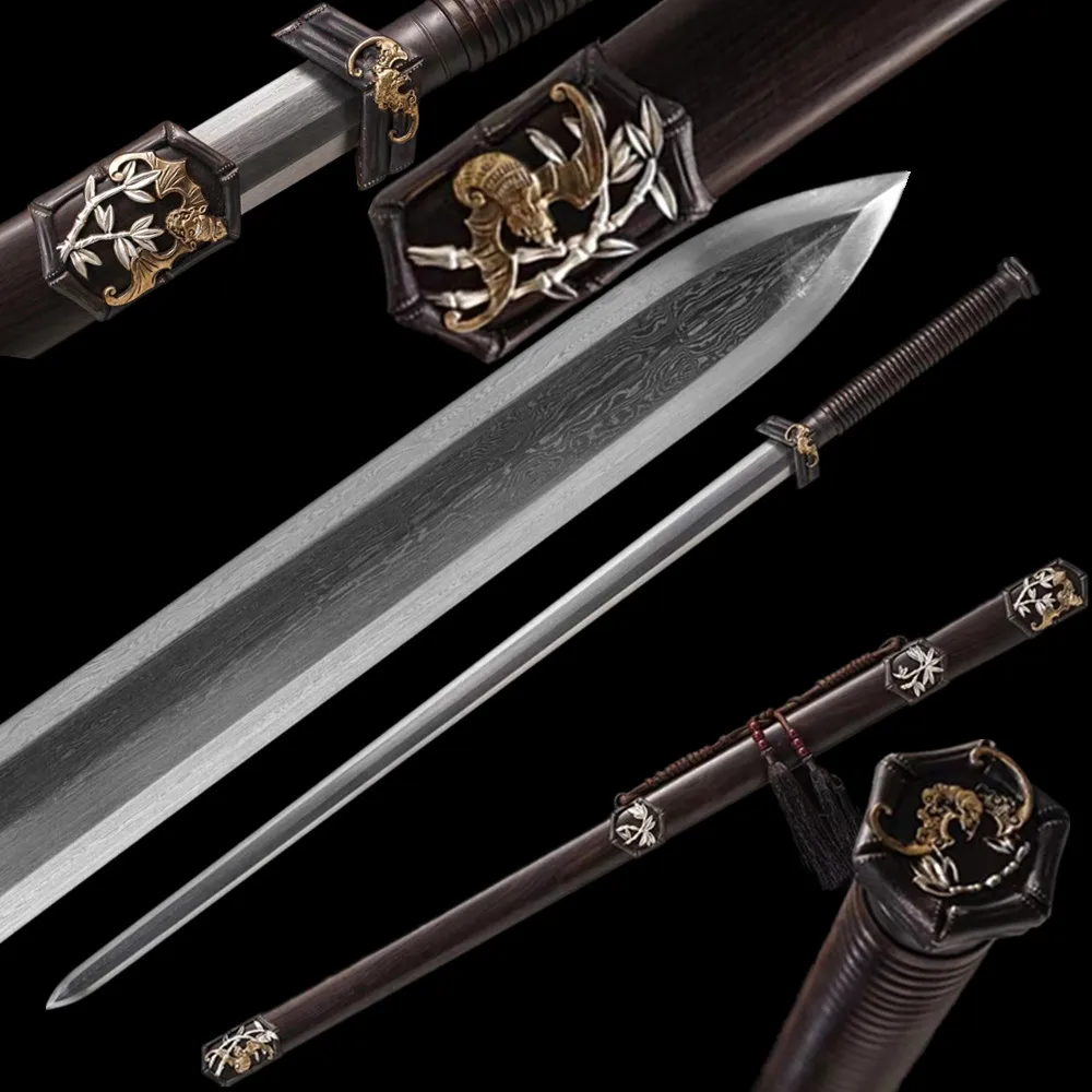 High Quality Chinese Sword Kungfu Jian Damascus Steel Blade Ebony Sheath Brass Fittings Full Tang Nice