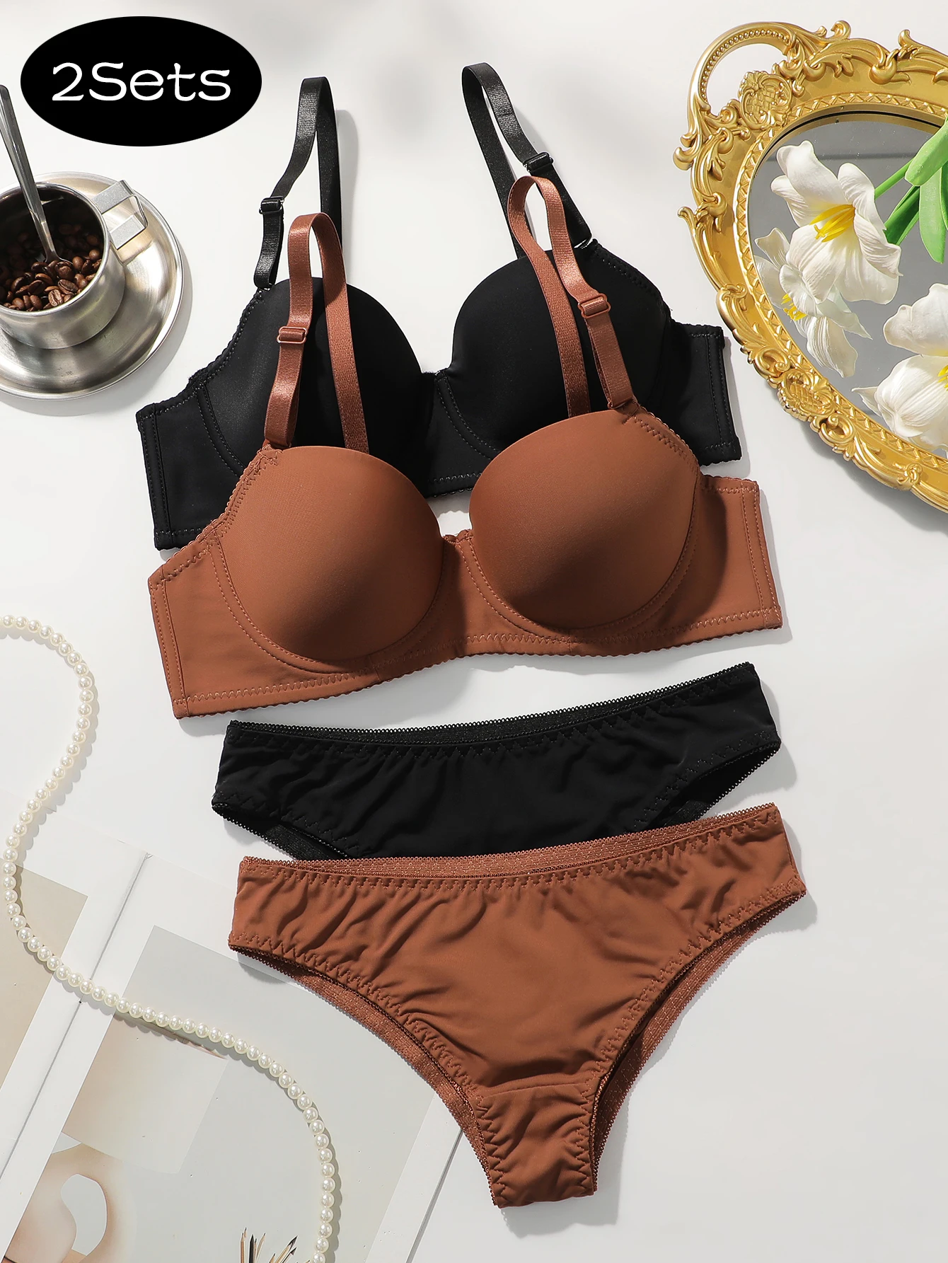 2 Pack Women's Seamless Bras Set Comfortable Underwire Push Up Bra & Panties Lingerie Set Comfortabl