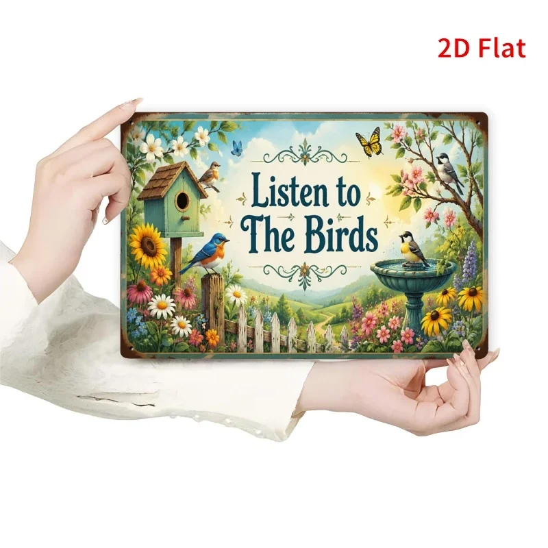 2D Flat - [2Dflat], 1pc 11.81X7.87inch Garden Tin Sign, Listen to The Birds Birdbath Sunflower Butterfly Vintage Metal Decorativ