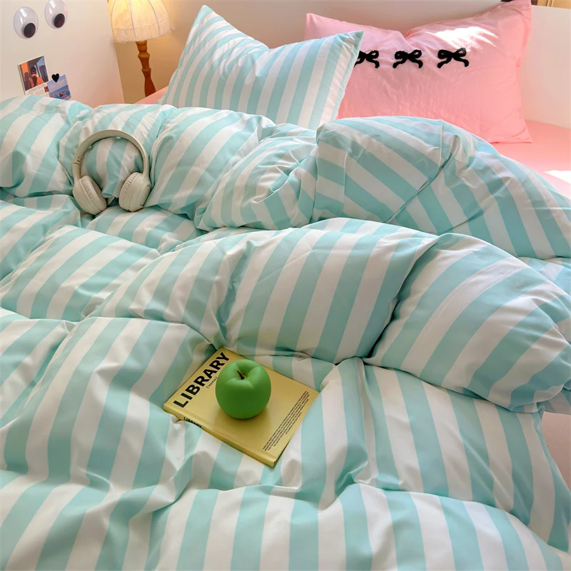 Ins Stripe Bedding Set with Pillowcase bed sheet Single Full Size Bed Linen Duvet Cover Set Queen/King Double Comforter Cover