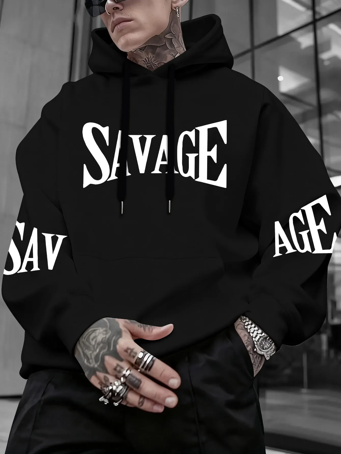 Men's SAVAGE Hoodie Hip Hop Letter Graphic Chest Sleeve Print Split Font Streetwear Fleece Sweatshirt Unisex Winter