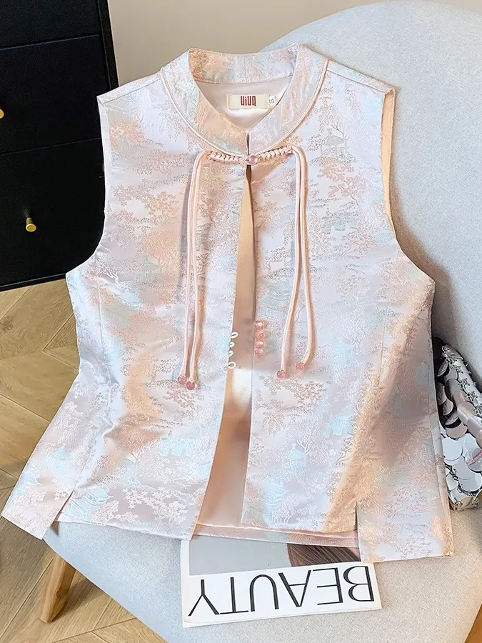 

Новая женская майка в китайском стиле с вышивкой, воротником-стойкой и пуговицами, укороченная, из полиэфирного волокна