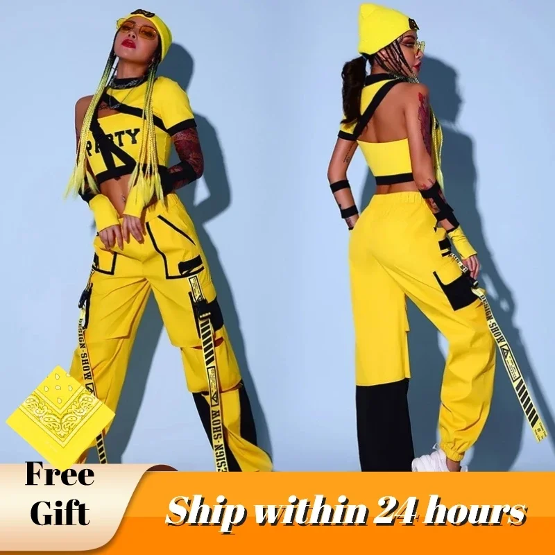 Jazz Dancer Outfit Women Hip Hop Dancewear Cheerleader Unidorm Stage Costume Yellow Cargo Pants Crop Tops DJ DS Clubwear DL8188