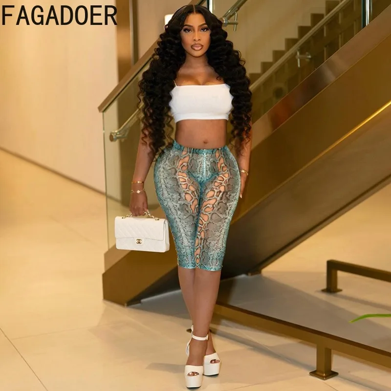 FAGADOER Sexy Python Print Bodycon Shorts Women Blue High Waist Classics Straight Shorts Female Streetwear Bottoms 2025 Summer