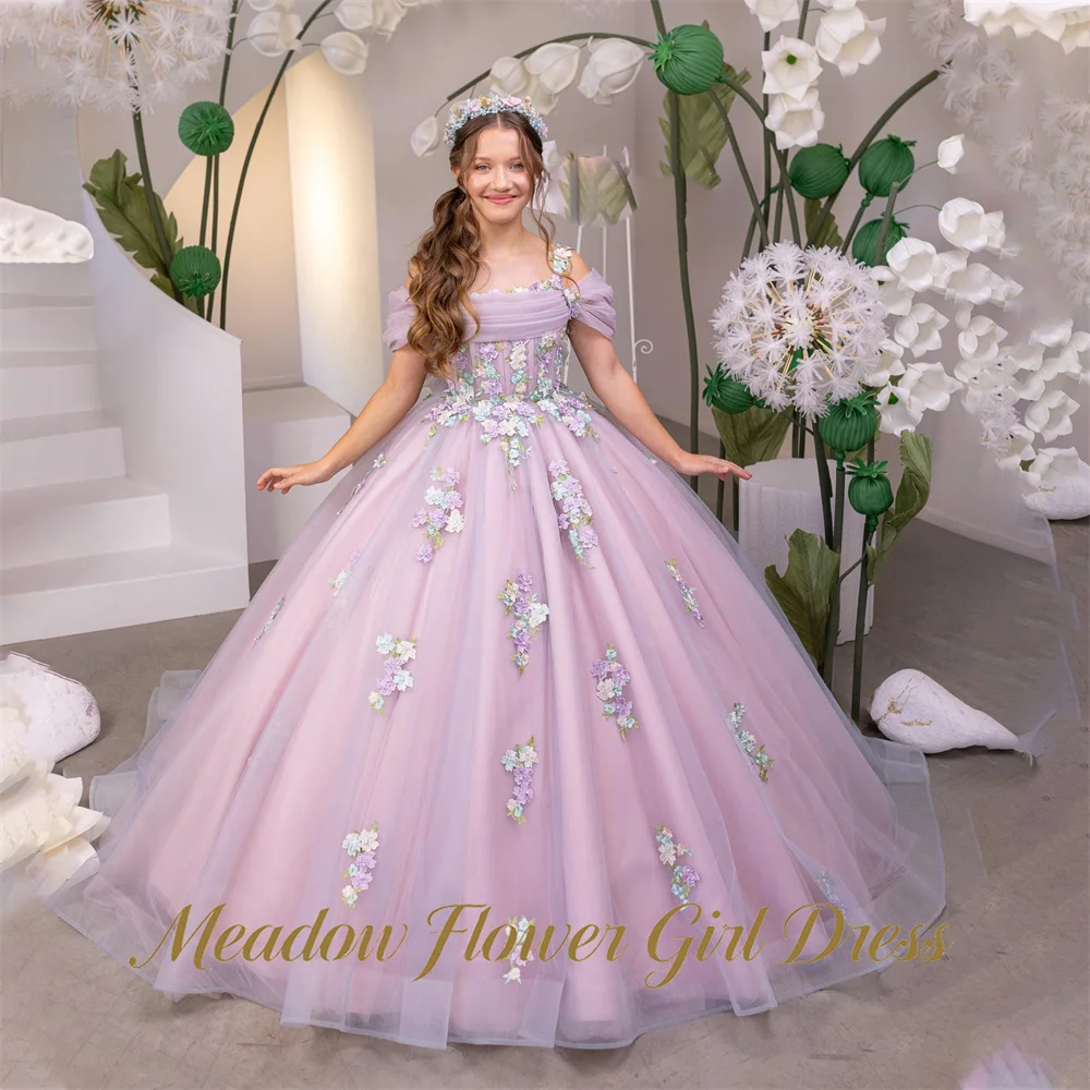 Meadow Lavender Pink First Communion Gown Off the Shoulder Girls Princess Dress Oversized Back Bow Evening Party Dress for Girls