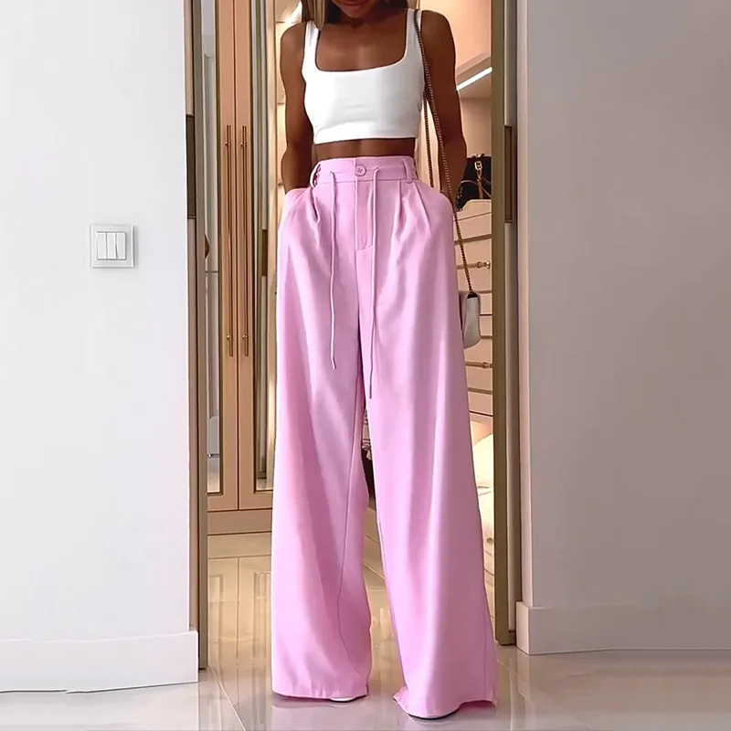 

Women Two Piece Sets Pants Set Sling Sleeveless Short Tops Loose Casual Wide Leg Long Pants High Waist Elegant Splice 2024