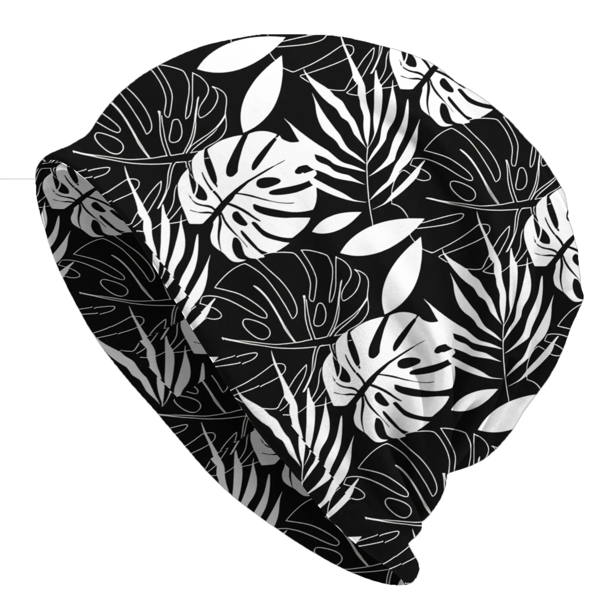 Gorros   Fashion Hats Black And White Tropical Leaves Thin Hat Bonnet Special Skullies Beanies Caps Men Women's Earmuffs