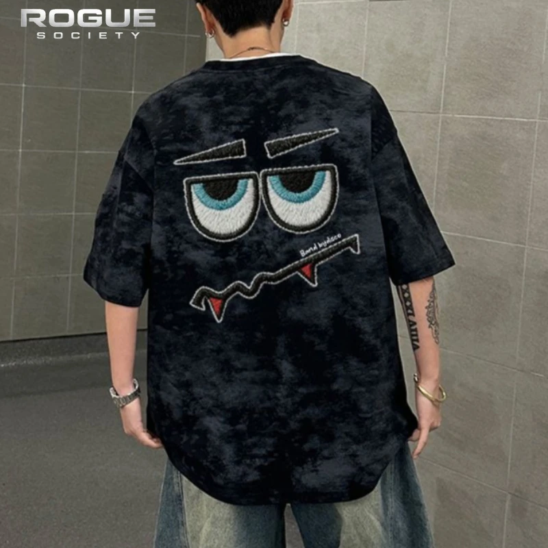 American Retro Wash T-Shirt Men Cartoon Embroidery Short Sleeve Tops Male Y2K Harajuku Style Casual Loose Streetwear Tees Unisex