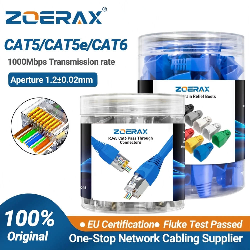 ZoeRax 100PCS RJ45 Cat6/5E Pass Through Connector 1.2mm Hole Modular Plug for Solid or Stranded Cable with Strain Relief Boots