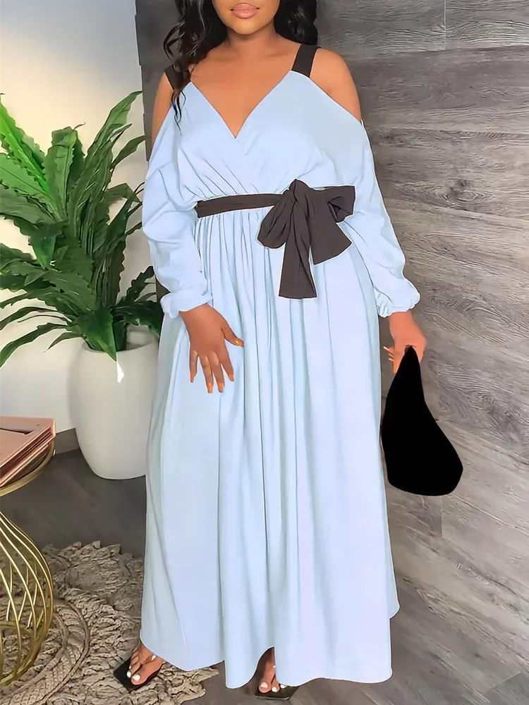 

KEXU Spaghettis Trap Black Striped Side Sashes Loose Maxi Long Dress Long Sleeve Sexy V-neck Women Dresses Vestidos De Fiesta