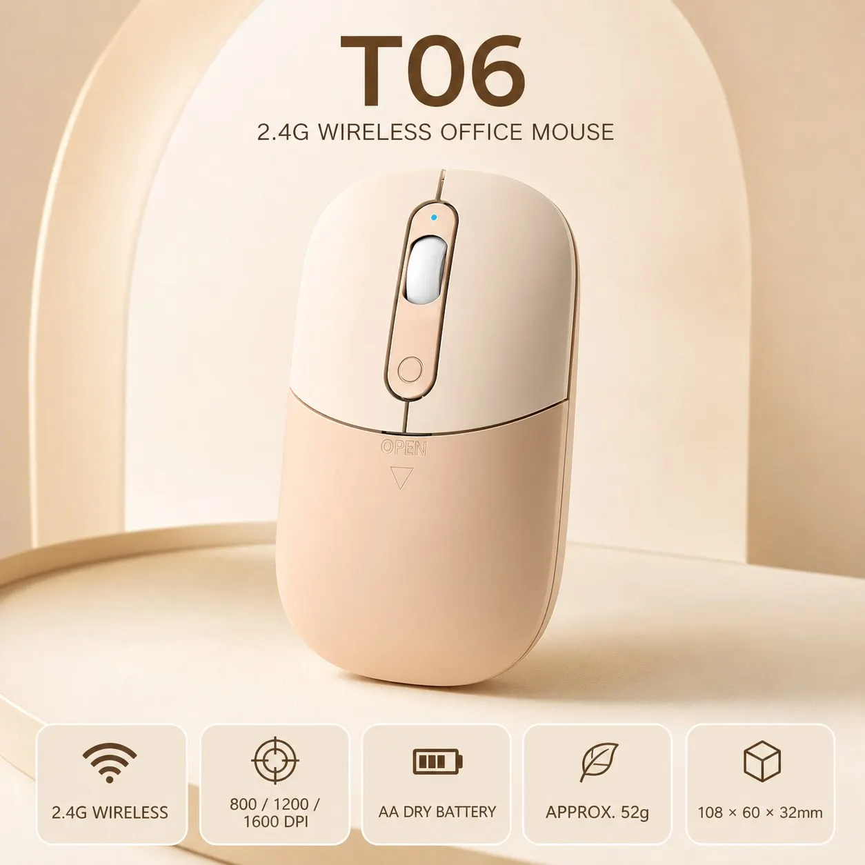 APAYADO T06 Mouse, 2.4GHz wireless Connection, 800 / 1200 / 1600 DPI levels, AA battery Power supply, 108 x 60 x 32mm Dimensions
