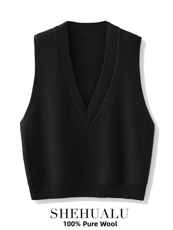 

Ladies Large Size V-Neck Knitted Woolen Vest Pure Wool Sweater Outerwear Layering Black Color Commute Style Autumn Winter