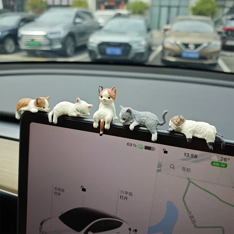 3PC Universal Mini Cat Car Ornament Lying Prone Doll For Central Control Screen Cute Interior Decoration Figurine Auto Accessory