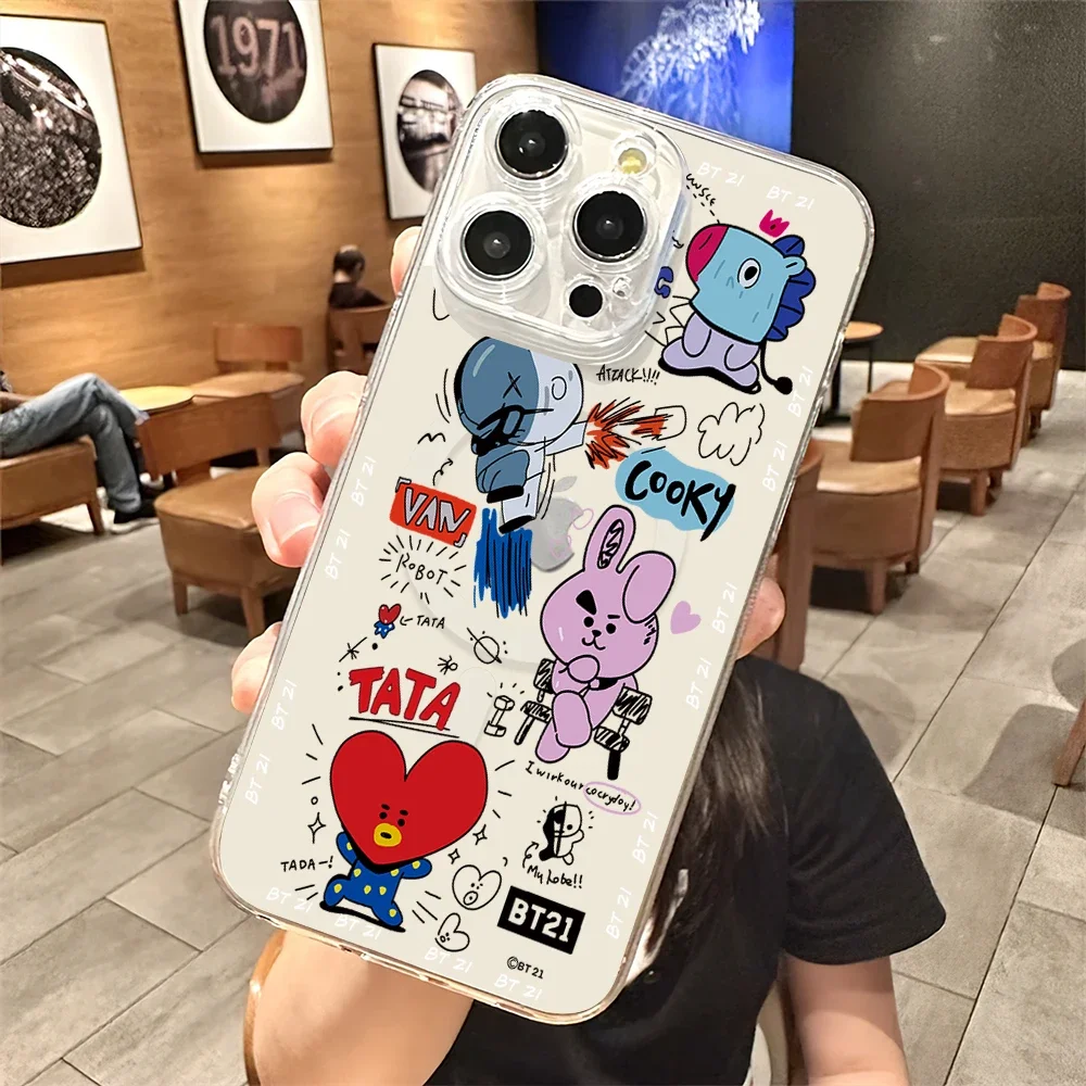 BEST KINGDOM B-BT21 Cute Phone Case for iPhone Plus 11 13 12 14 15 16 Pro Max Transparent Shell Magsafe Magnetic Wireless Cover