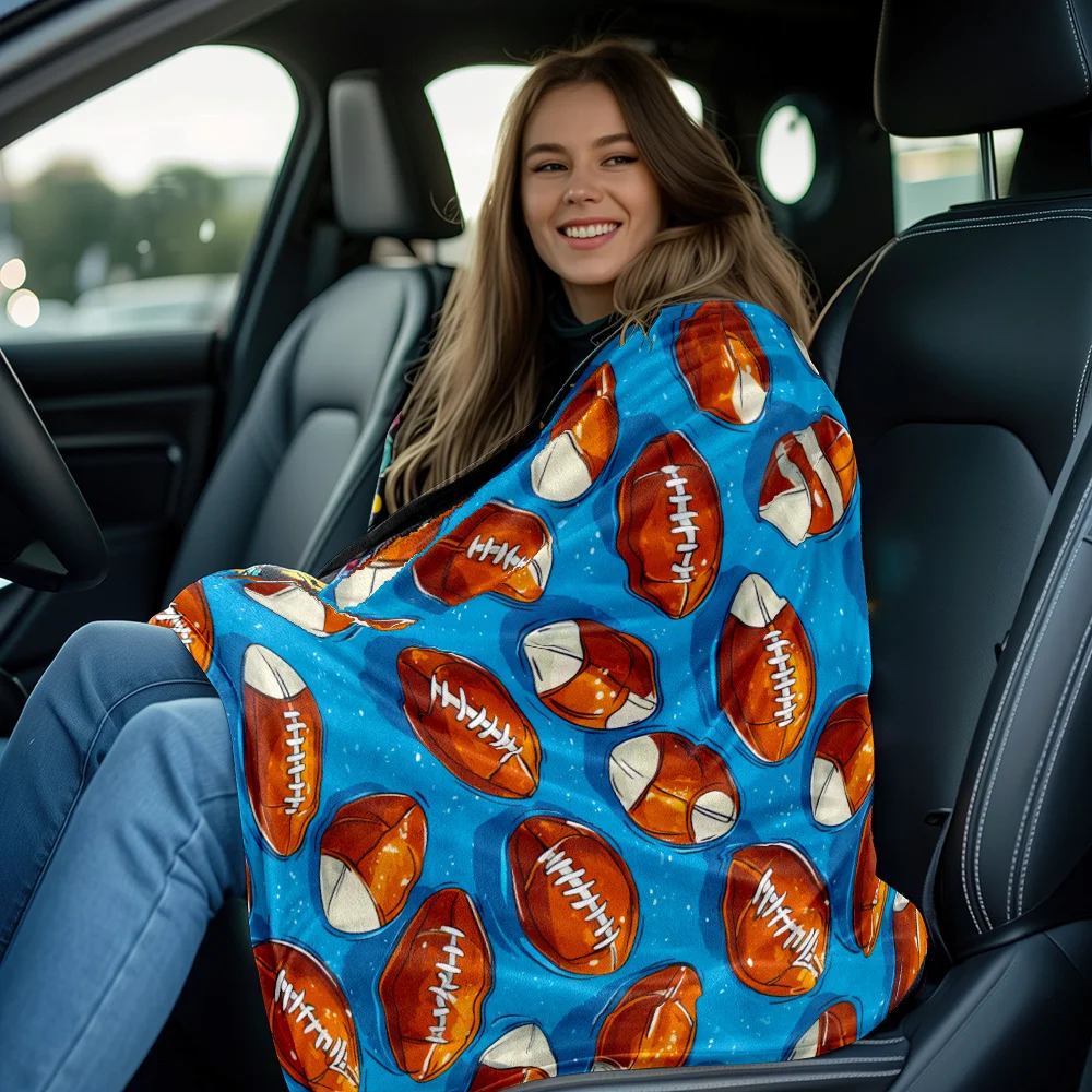 Football pattern blue background sports theme blanket flannel throw blanket NFL fan gift cozy home decor for boys and men