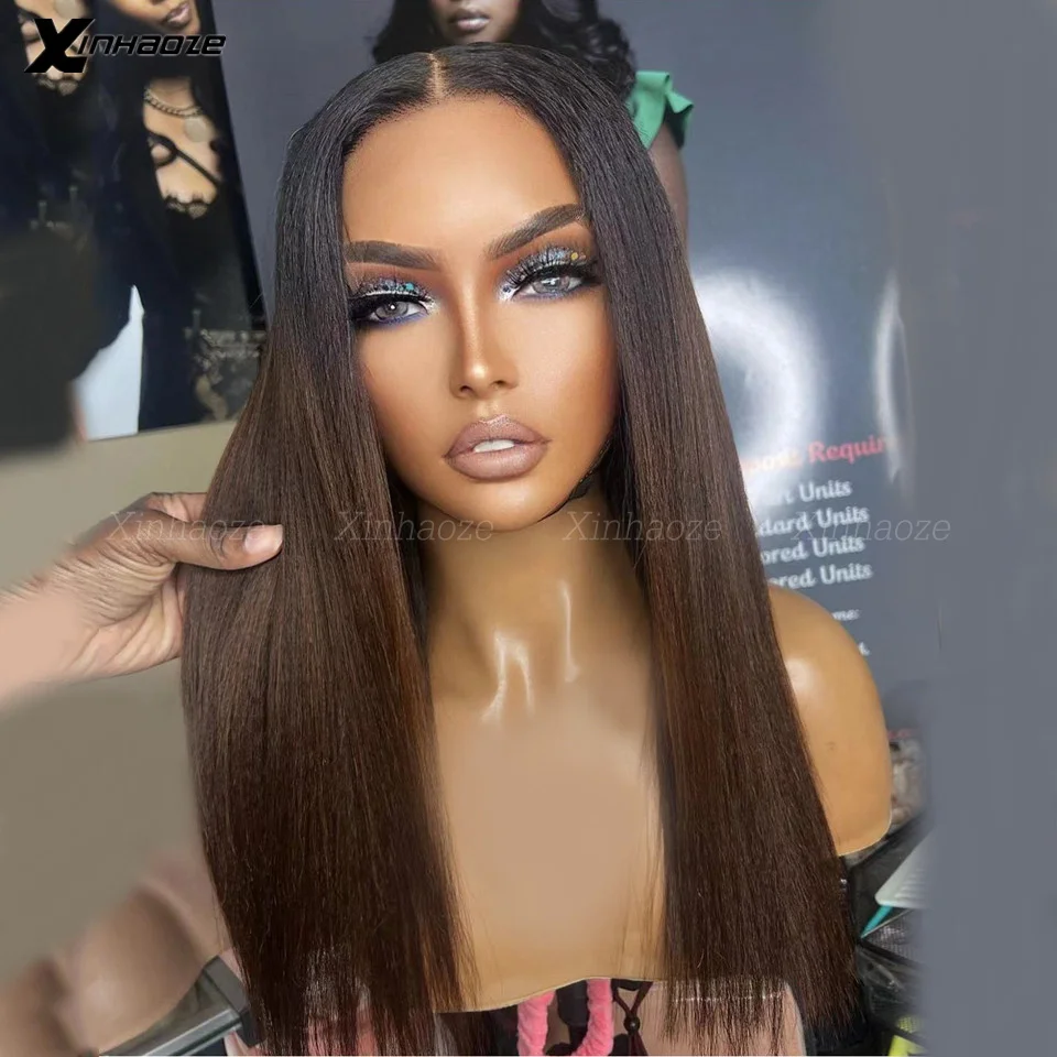 Dark Brown Ombre Light Yaki Straight 13x4 Lace Front Human Hair Wigs For Women 180% Brazilian Remy Hair Silk Top Closure Wig