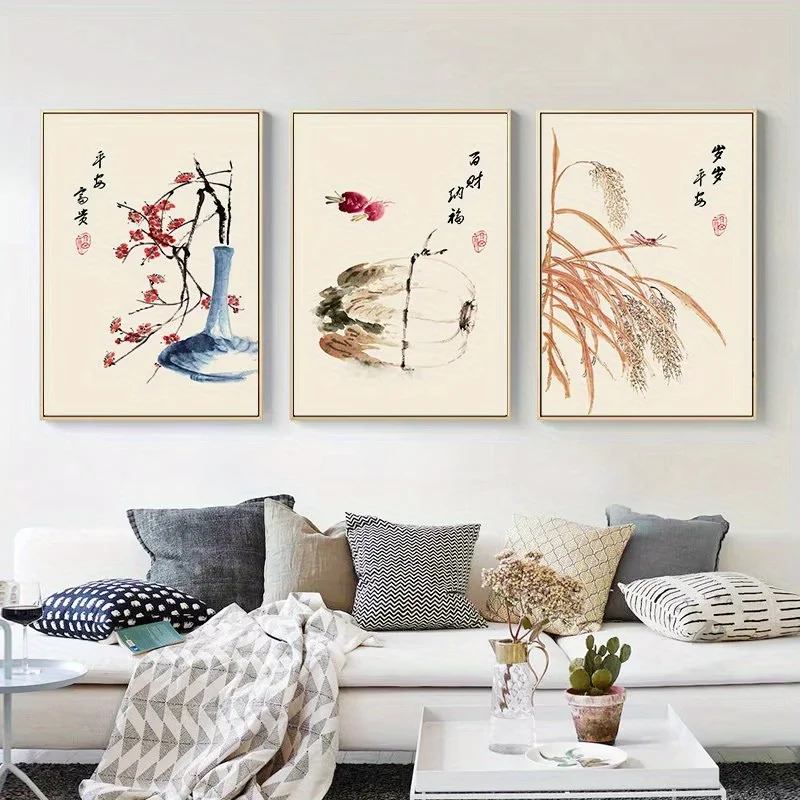 （NOframe 3PCS）-1pc/3pcs Vintage Chinese Style Plum Flower Wheat Cabbage Poster Prints on Canvas Painting Wall Art Picture for