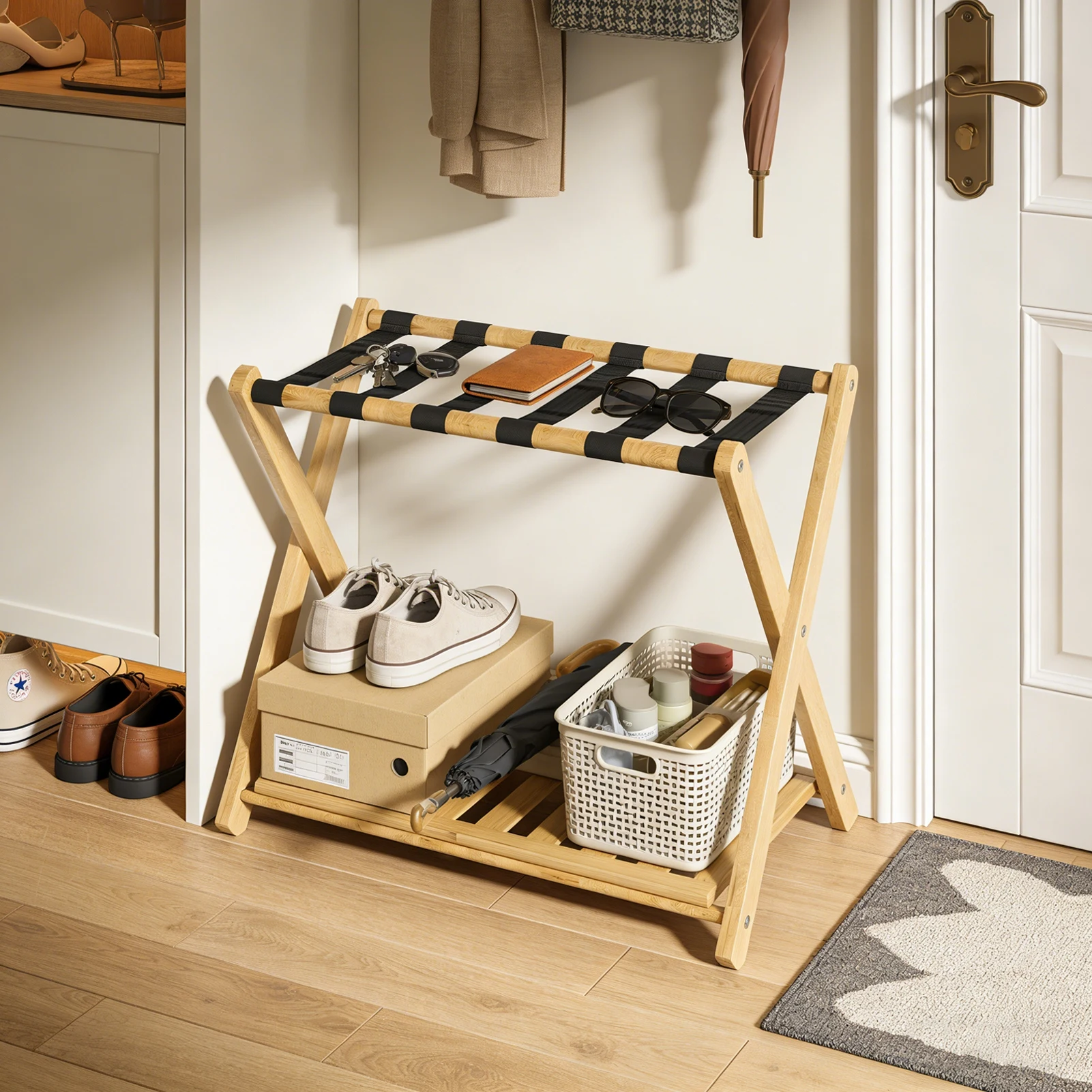 Luggage Rack with Storage Shelf Heavy Duty Thickened Bamboo Suitcase Stand Foldable Portable Luggage Stand for Bedroom Hotel