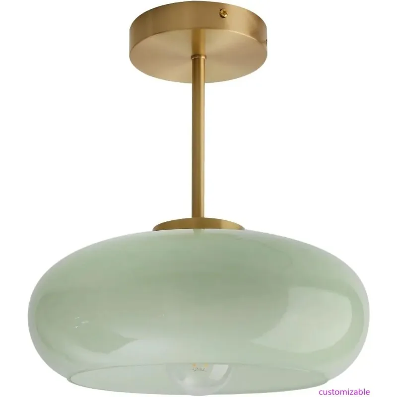 

Mid-Century Modern Milk Green Glass Semi-Flush Ceiling Light with Gold Mount