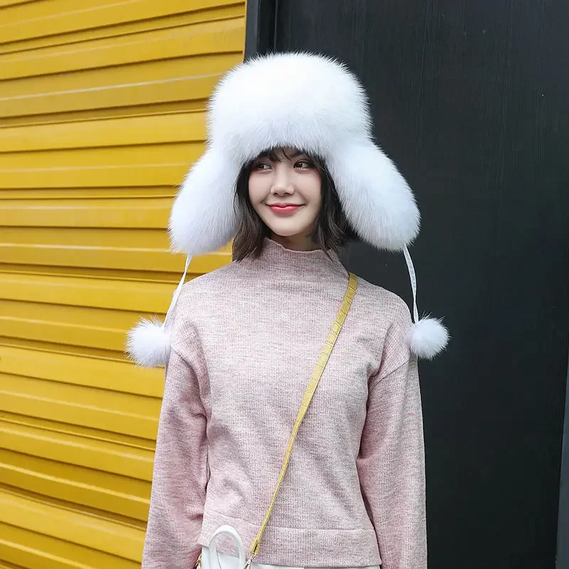 2024 100% Prawdziwe futro lisa Czapki damskie Russian Ushanka Aviator Trapper Snow Skiing Hat Caps Earflap Winter Raccoon Fur Bomber Hat