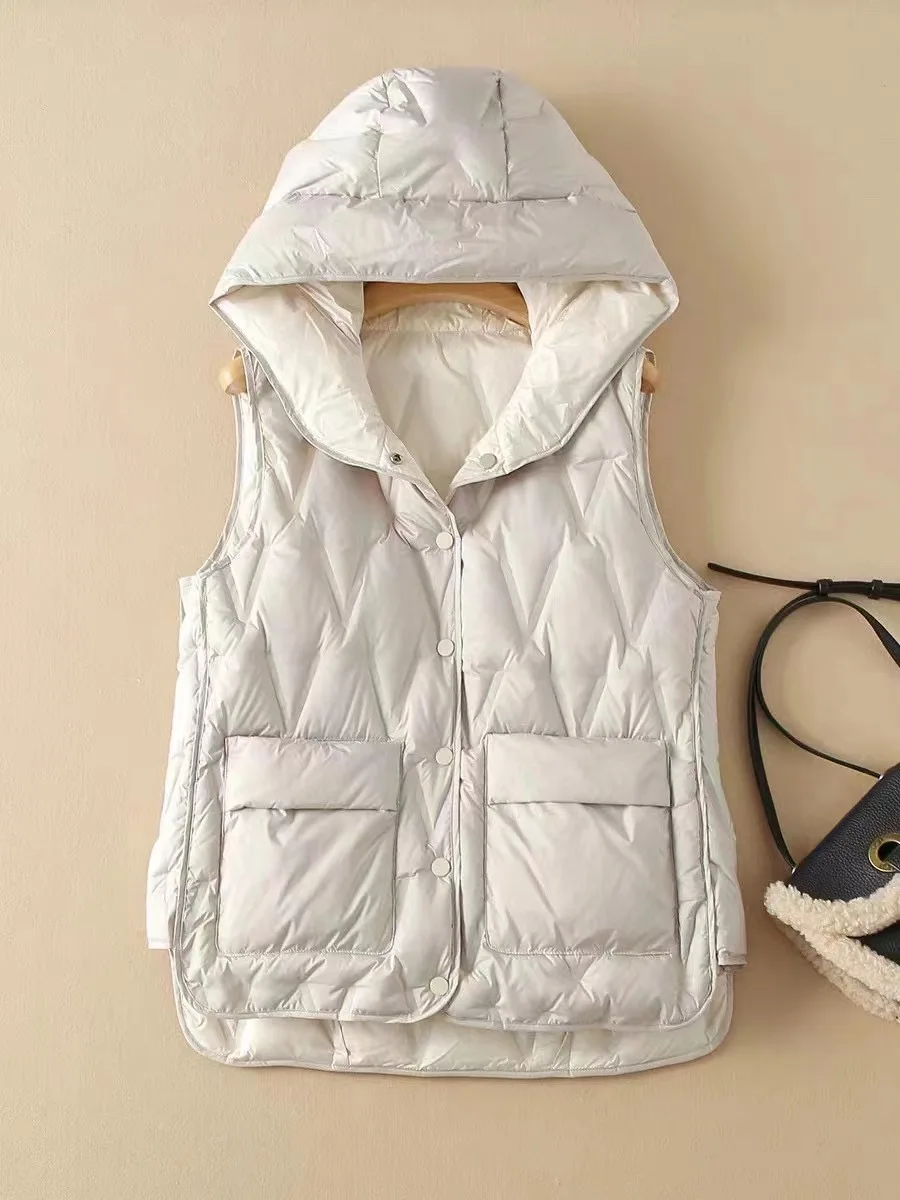 Autumn Winter Light Thin White Duck Down Vest Coat Women Warm Down Waistcoat Jakcet Ladies Loose Bigsize Sleeveless Hooded Tank