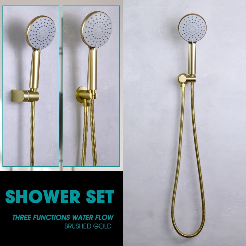 

Brushed Gold Round Shower Set ABS Plastic 3Water Flow Handle Shower Solid Brass with Outlet Bracket Stainless Steel Hose