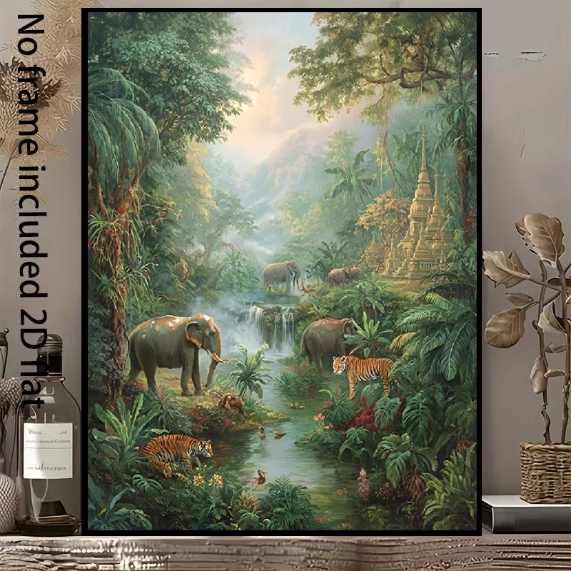 2D Flat, 2D Flat, [2D Flat] 1pc Decorative Canvas Painting of Elephant And Tiger in Tropical Jungle: Mystical Temple Landscap