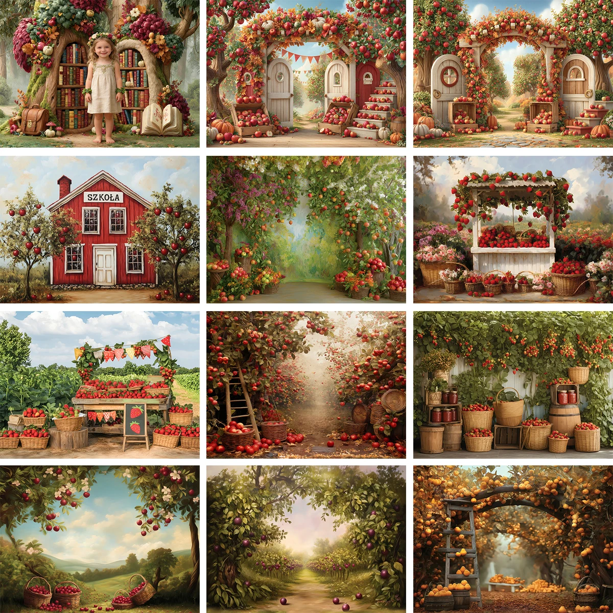 Rustic Autumn Fruit Orchard Strawberry Apple Photography Background Cloth For Kids Baby Portrait Studio Decor Shoot Props
