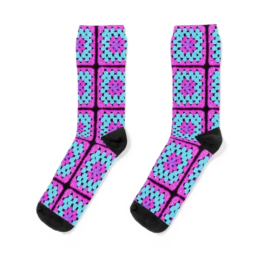 

Neon colored crochet granny square Socks hip hop Stockings man Run Socks Men Women's