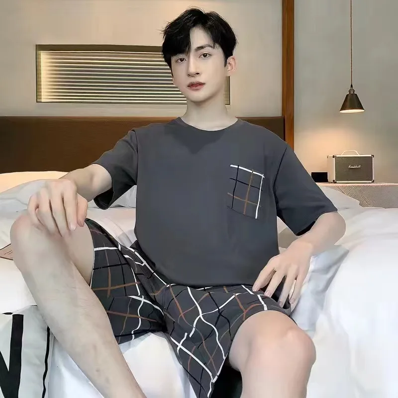 

Мужские пижамы, летние, с короткими рукавами, тонкие, свободные, удобные, повседневные, комплект домашней одежды, комплект из 2 предметов, повседневная простая одежда для сна, домашняя одежда