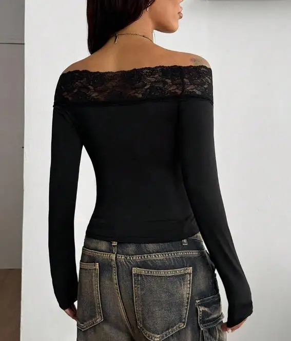 Women's Off-Shoulder Lace Trim Long-Sleeve Solid Color Base Top Trendy Feminine Top Ideal for Leisure Wear