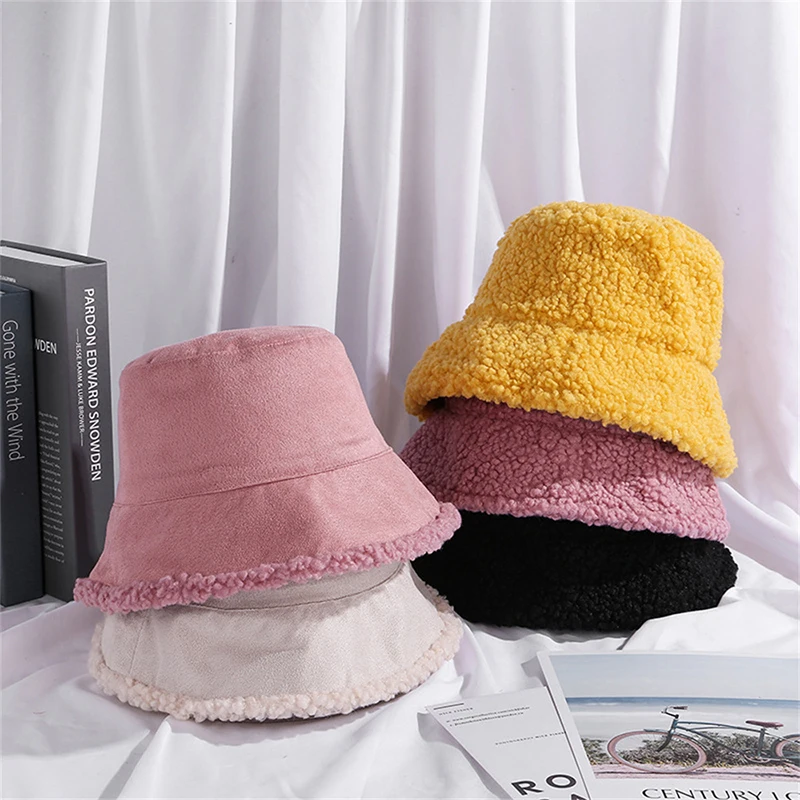 Double Sided Bucket Hat Autumn Winter Warm Thick Plush Fisherman Hats Women Korean Fashion Corduroy Lamb Faux Fur Panama Beanies