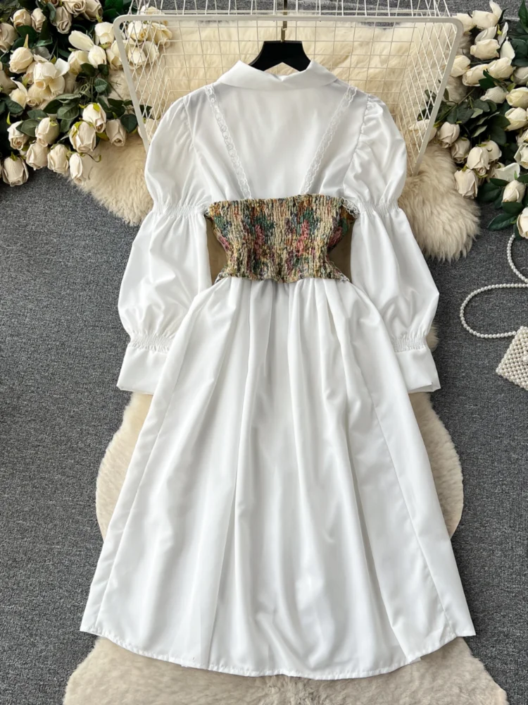 Robe Chemise Française pour Femme, Tenue de Style Palais, Manches Bouffantes, Simple Boutonnage, Blanche, avec Bretelles de Face Imprimées, Haut Précieux, Deux Pièces