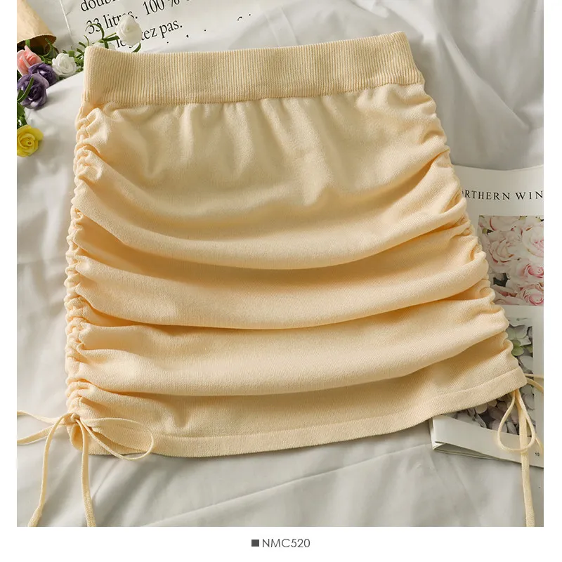 Women Knit Skirt 2026 High Waist Ruched Elastic Waist Drawstring Mini Skirt Casual Elegant Korean Style Spring Summer Beige