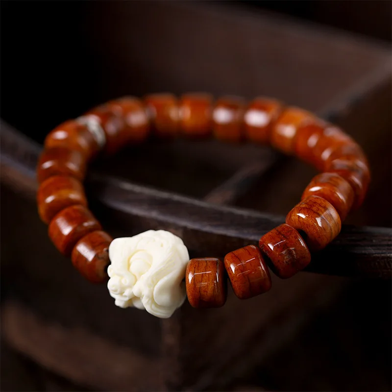 Natural Ivory Nut Xingshi Ox Weathered Bodhi Carving Craft Ox Bone Barrel Shaped Bead Bracelet Wholesale