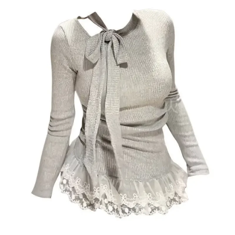 

Autumn/Winter New Spicy Girl Lace Splicing Design Long Sleeve T-shirt Autumn/Winter Women's Bow Tie Fashion Slimming Top