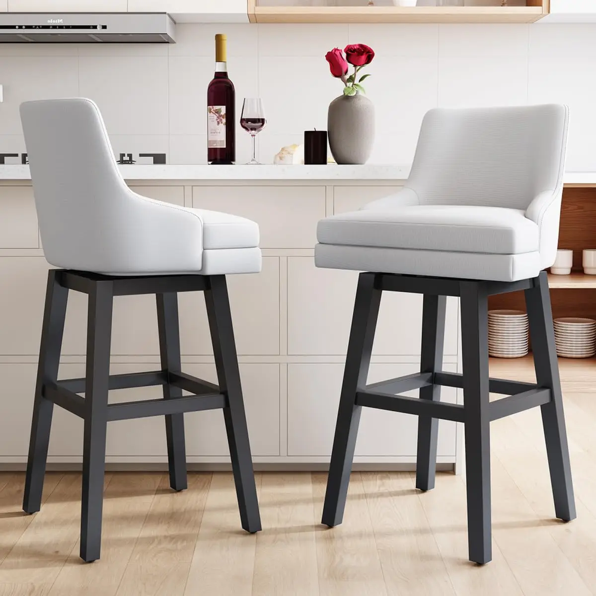 

26in Swivel Bar Stools 2pcs Removable Cushion Square Wood Legs Back Kitchen Island White, Customized