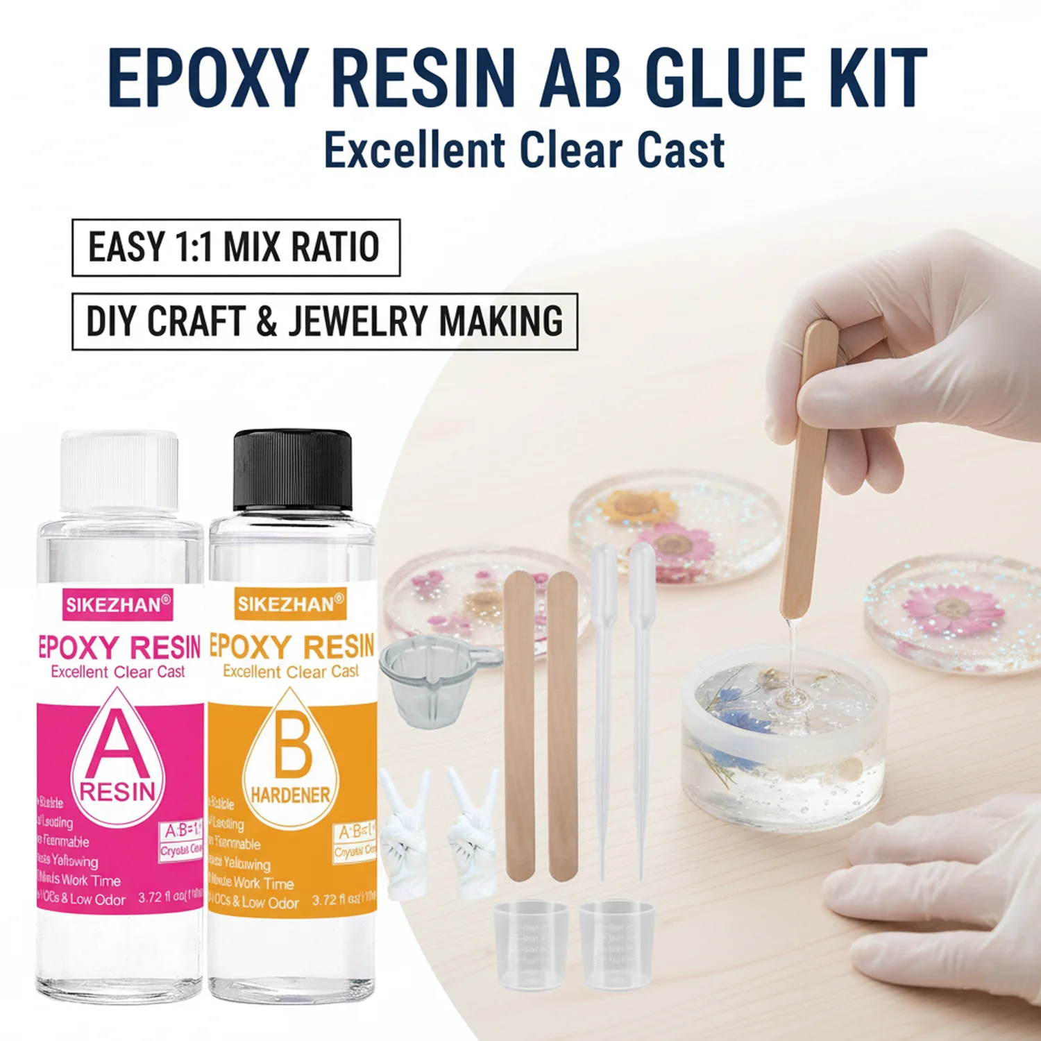 

SIKEZHAN Epoxy Resin Kit Crystal Clear for Jewelry Making,1:1 Ratio Casting Resin. Non-Yellowing, Bubble Free with Tools for Art