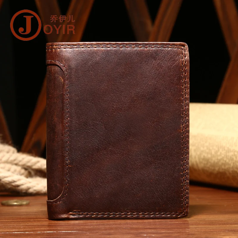 Crazy Horse Leather Short wallet for men, genuine leather three-fold multi-position multi-functional thin business wallet