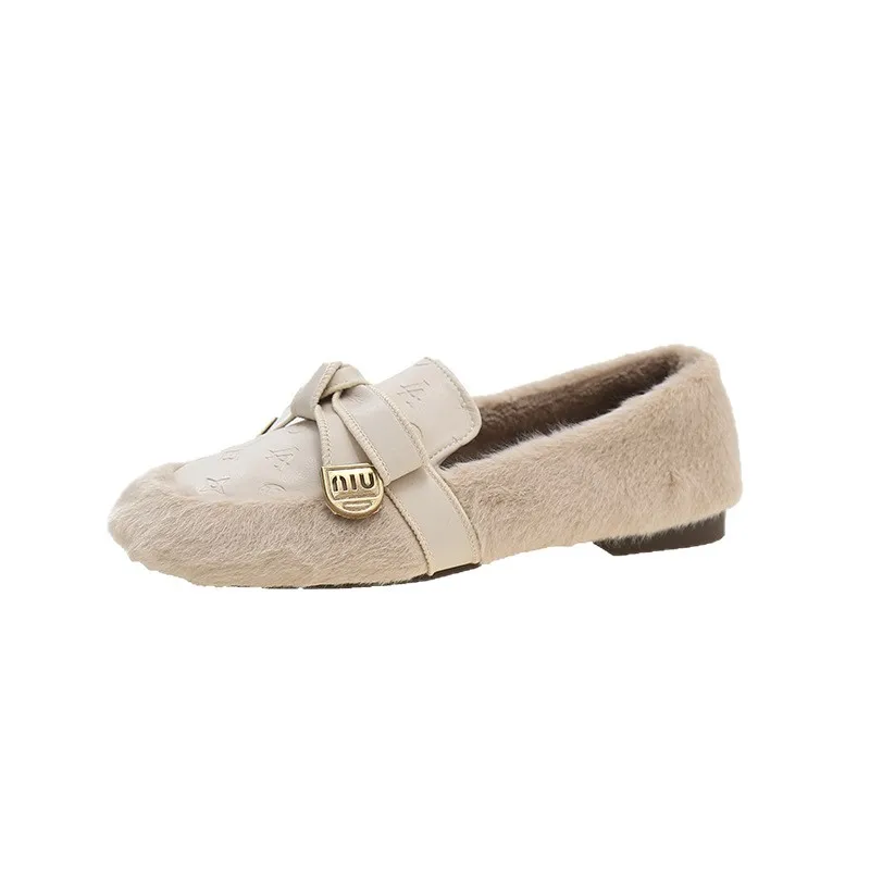 حذاء مسطح من القطيفة للنساء لخريف وشتاء 2025 سهل الارتداء مبطن بالصوف ونعل ناعم وعقدة على شكل فيونكة مريحة للمشي في المنزل في الهواء الطلق