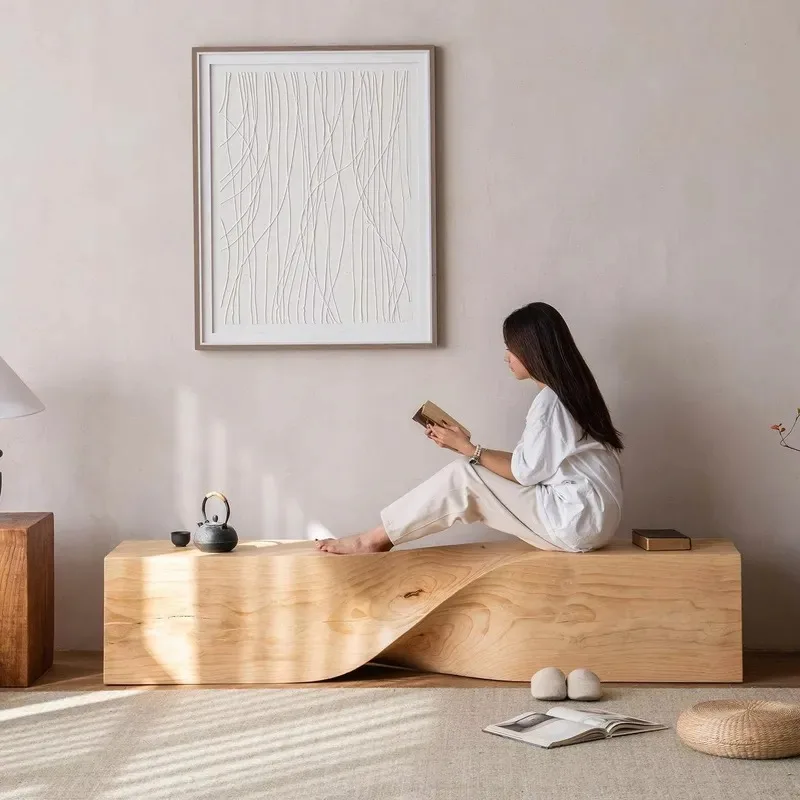 Log art wabi sabi bench TV cabinet shoe changing stool solid wood natural material bedroom apartment mall hotel