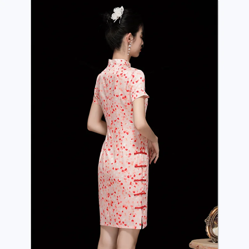 Pink Vintage Dress Young Girl High Quality Silk Stand Collar Short Sleeve Chinese Style Elegant Slim Improved Cheongsam S-XXL