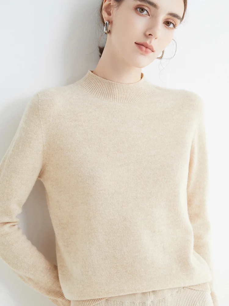 Women's Wool Sweater Mock Neck Long Sleeve Basic Pullover Sweater 100% Merino Wool Knitwear Female Clothes Autumn Winter Top