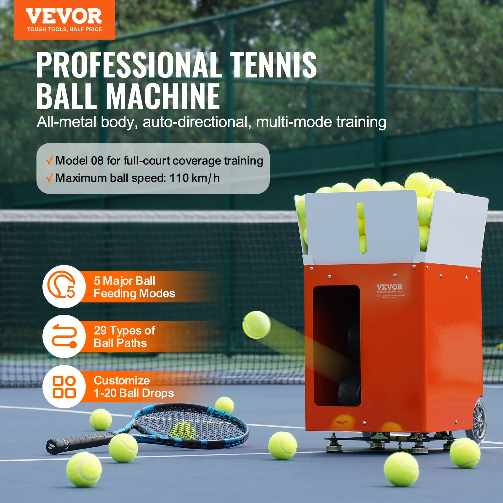 VEVOR Tennis Ball Machine Automatic Portable Tennis Ball Launcher 100 Balls Tennis Training Practice Thrower Multi-Mode Drills