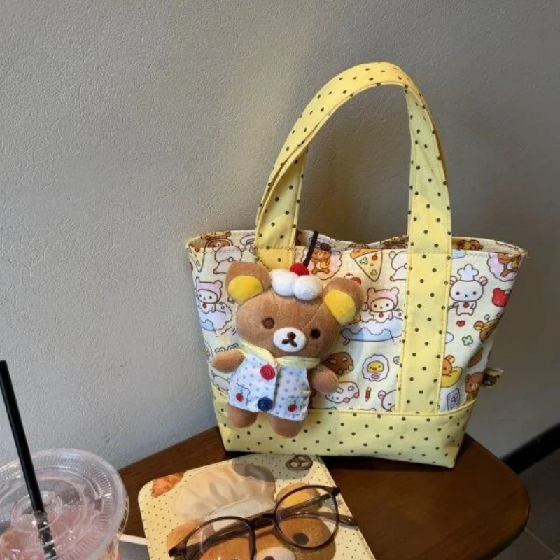 Yellow Rilakkuma Polka Dot Zipper-Style Commuter Handbag Travel Cosmetics Y Storage Bag Water Cup Bento Bag Girl's Birthday Gift