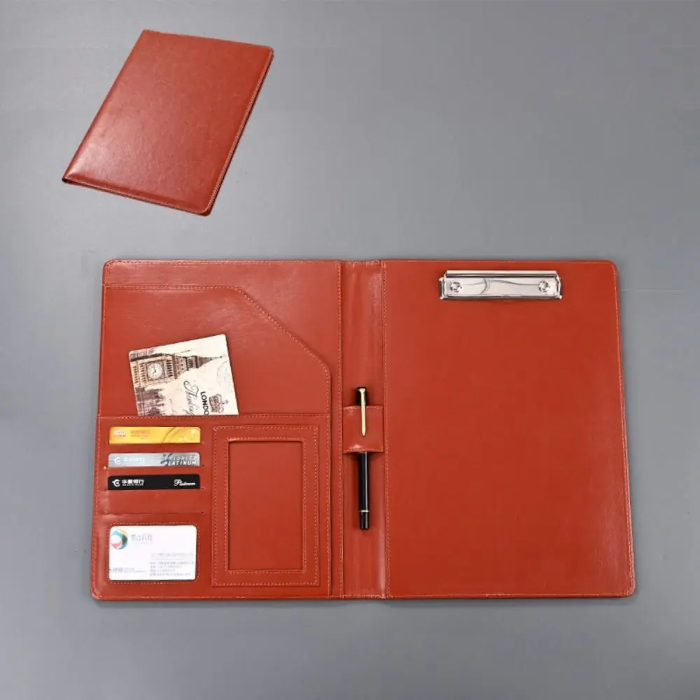 

Multifunctional A4 Conference Folder Vintage File Storage Clipboard Leather File Folders Portable with Binder Document Organizer