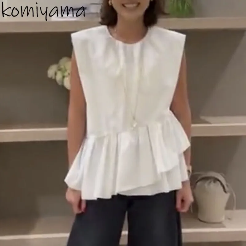 Pleated Hem Blusas Double Ruffles 2024 Woman Shirts & Blouses Elegant Sleeveless Camisas Japanese Ropa Mujer Summer New Tops