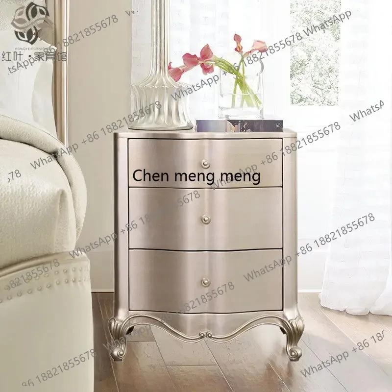 

K153 Champagne Gold Silver Bedside Table Bedroom Beech Solid Wood Storage, European Style, Large Bedside Table