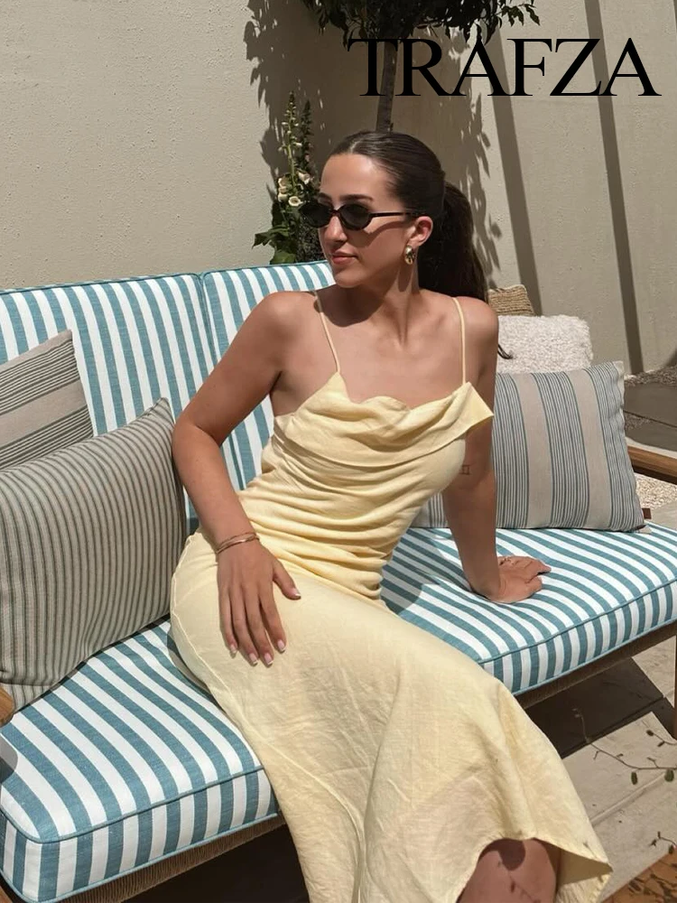 

TRAFZA Woman New Fashion Back Band Asymmetrical Decoration Slim Sling Dress Summer Women Sexy Sleeveless Backless Yellow Dress