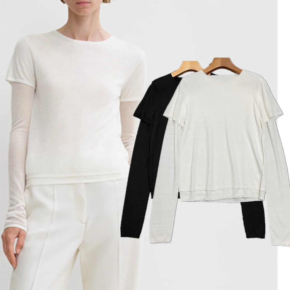 Withered Minimalism Office Ladies 90%Lyocell T-shirts Women 10%Cashmere Round Neck Fake Two Pieces Set Long Sleeve